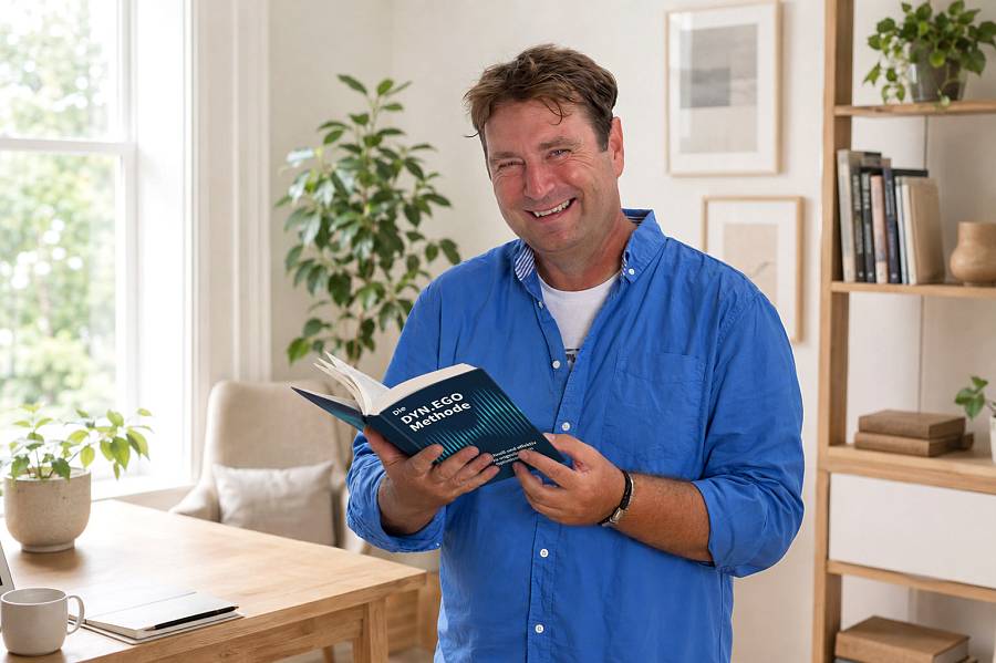Timo Och steht im hellen Arbeitszimmer und liest lächelnd im DYN.EGO Methodenbuch.